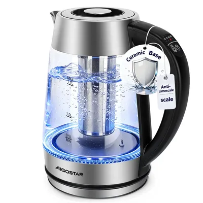 Produktbild von Aigostar Glas Wasserkocher 1,7 L mit Temperatureinstellung 60–100 °C, 2200 W, Farbwechsel-LED, 120 Min. Warmhaltefunktion, Edelstahl & Borosilikatglas