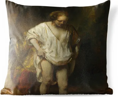 Produktbild von MuchoWow® Outdoor Kissen - Badende Frau - Gemälde von Rembrandt van Rijn - 50x50 cm - Wetterfest - Lounge Kissen - Komfortabel - Kissen mit Bild