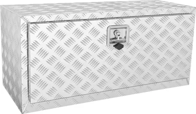 A silver aluminum diamond plate toolbox with a lock and keys is shown against a white background.