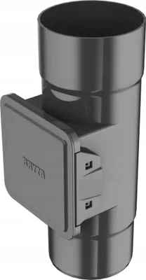 A dark gray PVC pipe fitting with a hinged access panel, designed for gutter cleaning.