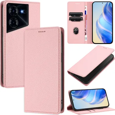 Produktbild von Litchi Leder Handyhülle für Tecno Pova 5 Wallet Kartenfächer Standfunktion Hülle Pink