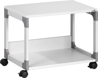 A white and gray mobile trolley with wheels.