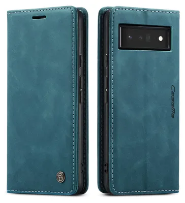 A teal-colored flip case for a Google Pixel 6 Pro phone is shown from two angles.