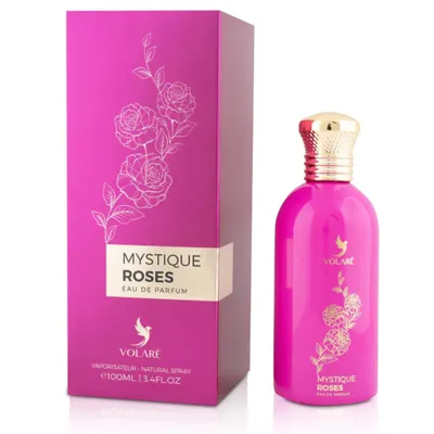 A product shot of a perfume bottle and its box, both in vibrant pink with floral designs.
