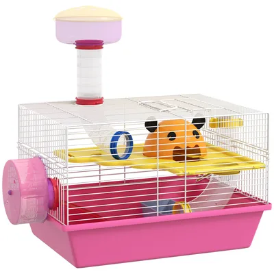 Image de Cage š€ hamster rat rongeur multicolore avec plateforme, biberon eau, roue, maisonnette, 34 x 27 x 25 cm, rose