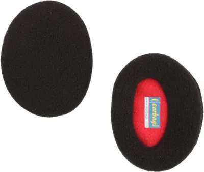 Two black ear warmers are shown against a white background. One ear warmer is shown from the front, and the other is shown from the side with a red interior and a label.