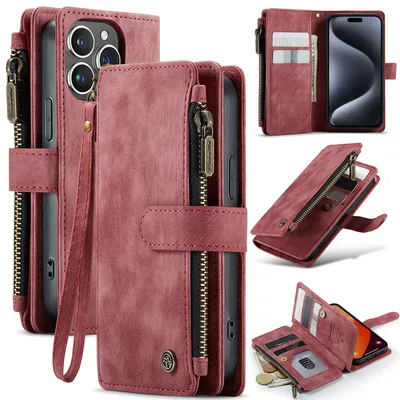 Obrázek produktu pro Kůže pouzdro pro iPhone 15 Pro,PolyuretanKožené Pouzdro na Zip, Magnetické Uzavírání, Kapsa na Karty, Stojánek, Peněženka pouzdro červené
