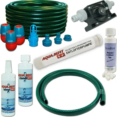 A collection of waterbed maintenance products and accessories.