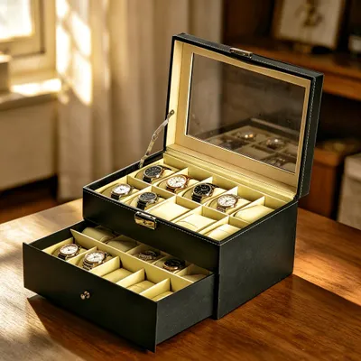 Image de Boîte de rangement pour 20 montres, avec 2 niveaux et vitres, dimensions : 28,2 x 20,2 x 16,5 cm – Coffret et boîte de rangement pour montres, couleur noire