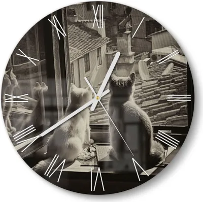 Produktbild von DEQORI Glasuhr Ø30 cm Römisch 'Katzen auf Fensterbrett' Wanduhr Glas Uhr Design leise