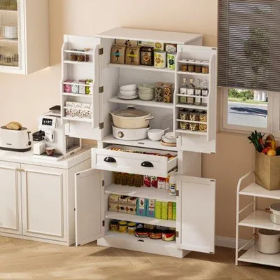Produktbild von Opbergschrank 182 cm, 4 Türen und 1 Ladetür, 2 Türen mit Holzplatten, 6 Opbergschubladen und 4 verstellbare Holzplatten, für Küche, Esszimmer und Wohnzimmer, weiß
