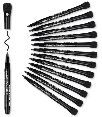 Produktbild von Whiteboard Marker Set 12 Stück Schwarz mit Schwamm & Magneten, Feinspitze, Abwischbar