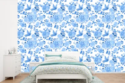 Produktbild von MuchoWow® Fototapete für Wohnzimmer oder Schlafzimmer Wandtapete Vinyl Motivtapete Blumen - Muster - Blau - 450x300 cm - Gemusterte