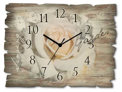 A decorative wall clock with a rose image and wood-like background.
