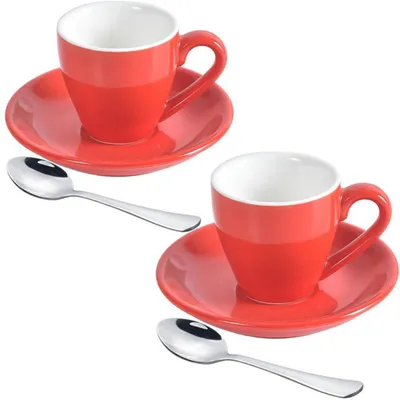 Produktbild von Espresso-Tassen-Set mit Untertassen und Löffeln, 80 ml, 2er-Set, Rot