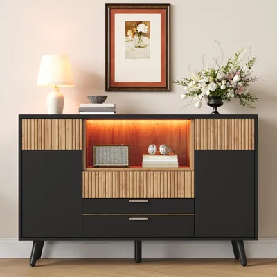 Immagine prodotto di Mobiletto da cucina Merax, credenza con 4 cassetti, mobile contenitore con ripiani regolabili, illuminazione RGB a LED, mobiletto contenitore con ante a listelli, realizzato in MDF, colore nero