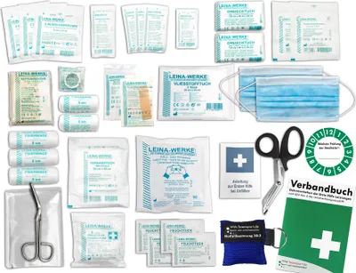 Produktbild von Komplett-Set Erste-Hilfe nach aktueller DIN/EN 13 157 PLUS 1 für Betriebe inkl. Notfallbeatmungshilfe & Verbandbuch