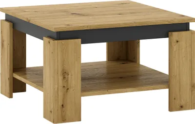 A square coffee table with a wooden top and shelf, supported by thick wooden legs and a dark gray frame.