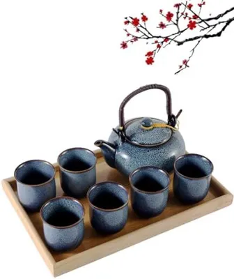 Produktbild von PromoHome® Japanisches Teeservice für 6 Personen - Ofenverändertes Glasur Porzellan Teeset mit Teekanne, 6 Teetassen und Bambus Teetablett