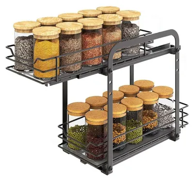 Obrázek produktu pro Dvoupatrový výsuvný regál na koření do kuchyňské skříňky, držák na koření bez vrtání, pod dřez, uhlíková ocel, regál do zásuvky, 28 x 24 x 25 cm