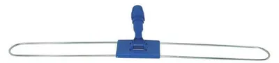 A blue and silver mop head holder on a white background.