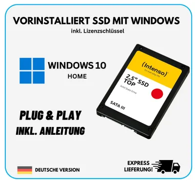 Marketing image for a pre-installed SSD with Windows 10 Home.