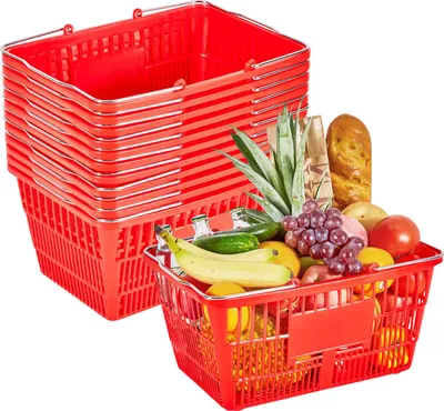 Immagine prodotto di SucceBuy set di 12 cestini per la spesa, cestino impilabile da 21 L in plastica PE con manici in metallo, capacità di carico 9,07 kg, adatto per negozi di alimentari, negozi al dettaglio e supermercati