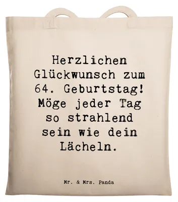 Produktbild von Mr. & Mrs. Panda Tote Bag Spruch 64. Geburtstag - Transparent - Geschenk, Laptoptasche, Happy Birthday, Tasche, Freude, Jutebeutel, Jutetasche, Optimismus, Schultasche