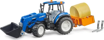 Zdjęcie produktu dla bruder 02187 - New Holland T5.120 z ładowaczem czołowym, skrzynią ładunkową, widłami i belami okrągłymi - 1:16 Ciągnik, Pojazdy, Farma, Bulldog