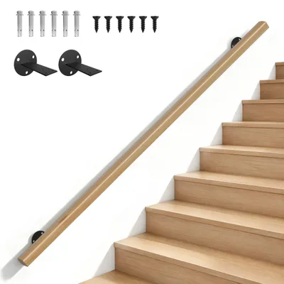 Produktbild von QEENTOE Buche Massivholz Handlauf 200cm rutschfest, Wand Treppengeländer mit Metallhalterungen, Innen Geländer für Senioren & Erwachsene Treppe