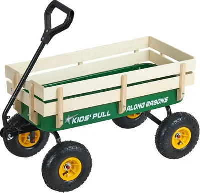 Obrázok produktu pre Ťahací vozík pre deti, 101 cm vozíky pre batoľatá s drevenými panelmi a rukoväťou, nosnosť až 150 kg, terénny úžitkový vozík, narodeninový darček pre deti, záhradníctvo, pláž, zelená farba