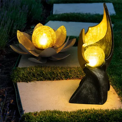 Produktbild von 2er Set LED Solarleuchten, Crackle-Optik, Lotosblume, Flamme