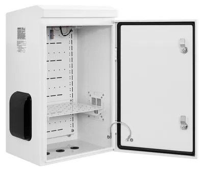 Zdjęcie produktu dla Obudowa elektryczna zewnętrzna, wykonana ze stali walcowanej na zimno, skrzynka rozdzielcza elektryczna z termostatem i wentylatorem, osłona przeciwdeszczowa, konstrukcja zapewniająca wentylację, wodoszczelna obudowa z zawiasami, stopień ochrony IP65, do montażu na ścianie lub słupie, wymiary: 600 x 400 x 300 mm