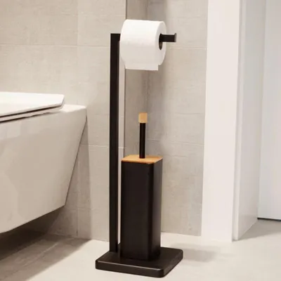 Produktbild von Toilettenpapierhalter stehend mit Toilettenbürste – 20x64cm – schwarzer Bambus