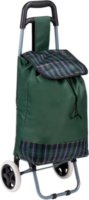 A shopping trolley bag with a green fabric body and a tartan pattern on the flap and trim.
