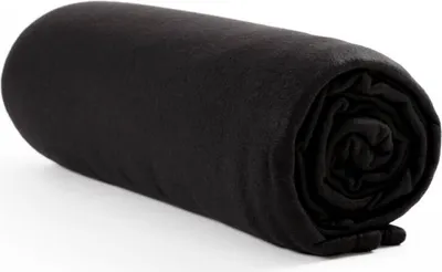 A rolled-up black blanket on a white background.
