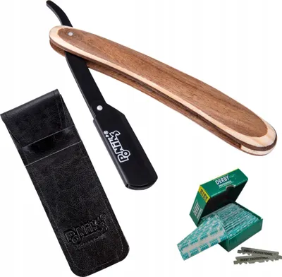 Produktbild von Ponik's Klassisches Rasier Set Herren, Transporttasche, Rasiermesser-Set mit 100 Derby Wechselklingen, hochwertiges Edelstahl, Barbier Messer für eine präzise Bart-Rasur, Braun