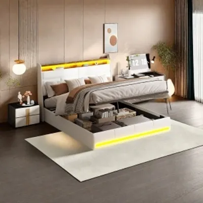 Produktbild von UnboxG Polsterbett Doppelbett 140x200 cm mit LED-Beleuchtung, Bett mit Kopfteil Hydraulisch Stauraum, Metallbett Bettgestell mit Lattenrost aus Holz, PU, Weiß