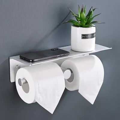 Obrázok produktu pre Držiak na toaletový papier Unyqoos® bez vŕtania, s odkladacou plochou, samolepiaci, na upevnenie na stenu, hliníkový držiak na 2 rolky, 31 cm, strieborný, odolný proti poškriabaniu