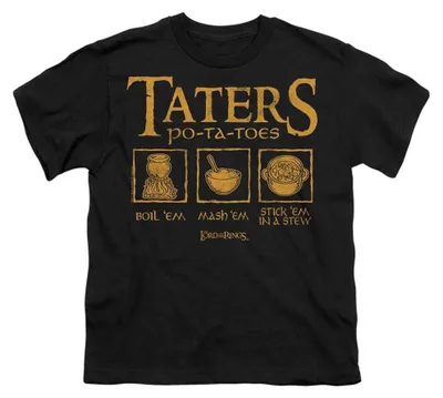 Image de T-shirt enfant "Le Seigneur des Anneaux" - motif "Taters" (TV36828) (taille 116) (noir), Image générée par une IA