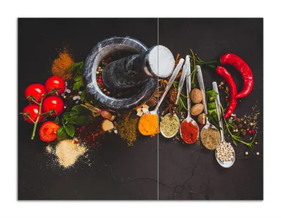 Produktbild von Wallario Herdabdeckplatte aus Glas, Größe 70 x 52 cm 2-teilig, Motiv Mörser mit Kräutern und Gewürzen