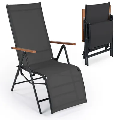 Obrázek produktu pro COSTWAY, 1 kus, skládací slunečník, lehátko s nastavitelnou opěradlem, odolné zahradní lehátko, skládací lehátko do 150 kg, relaxační lehátko, barva: černá