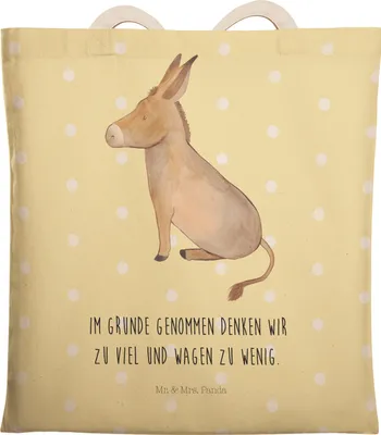 Produktbild von Mr. & Mrs. Panda Stoffbeutel Esel - Gelb Pastell - Geschenk, Erfolg, Beutel, Tote Bag, Ziel, Lustige Sprüche, Tragetasche, Tapferkeit, Stofftragetasche, Mut, Weisheit