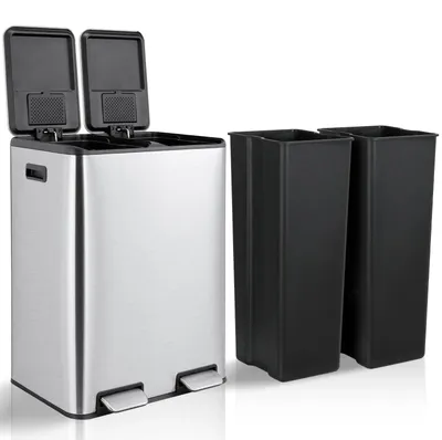 Produktbild von Küchen Mülleimer - Doppel Treteimer 60 l - 2 Kammern für Mülltrennung - Edelstahl - Soft-Close Deckel mit Geruchskontrolle - Silber