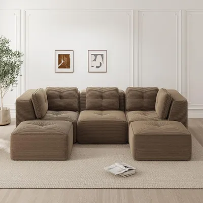 Produktbild von Modulares Ecksofa mit Ottomane, 3 Sitzer Cord Sofa braun, 297x177x69 cm, Sofa ohne Montage mit 74 cm tiefer Sitzfläche