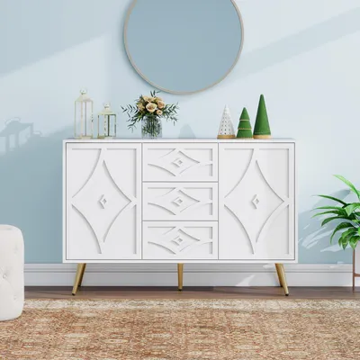 Produktbild von Kommode mit Rautenmuster 3 Schubladen 2 Türen Goldfüße 120x40x80 cm weiß