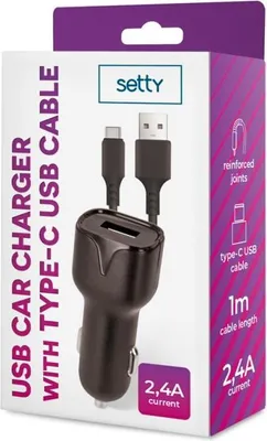 Obrázek produktu pro Nabíječka do auta Setty 2,4A s USB-C kabelem 1m černá