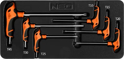 Produktbild von NEO TOOLS sada klíčů Torx, 6 kusů s držákem, velikosti T10, T15, T20, T25, T30, T45, ocel S2