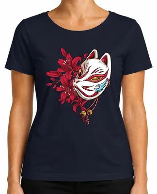 Imagen del producto de Camiseta para mujer con diseño de máscara de Kitsune, lirio japonés, flor de cerezo, estilo anime/manga, estética Y2K, motivos de yokai. Color: azul marino. Talla: XXL
