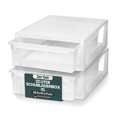 Produktbild von Set: 2 x Schubladenboxen 52 Größe XL mit Nutzvolumen 22 Liter pro Box, Maße pro Box: 39,6x52x16,9 cm